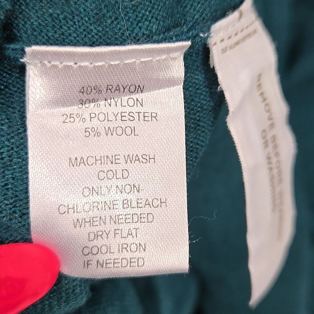 LOFT Teal Surplice Sweater Medium Wool Blend Faux Wrap 3/4 Sleeve Work Top - Picture 9 of 10